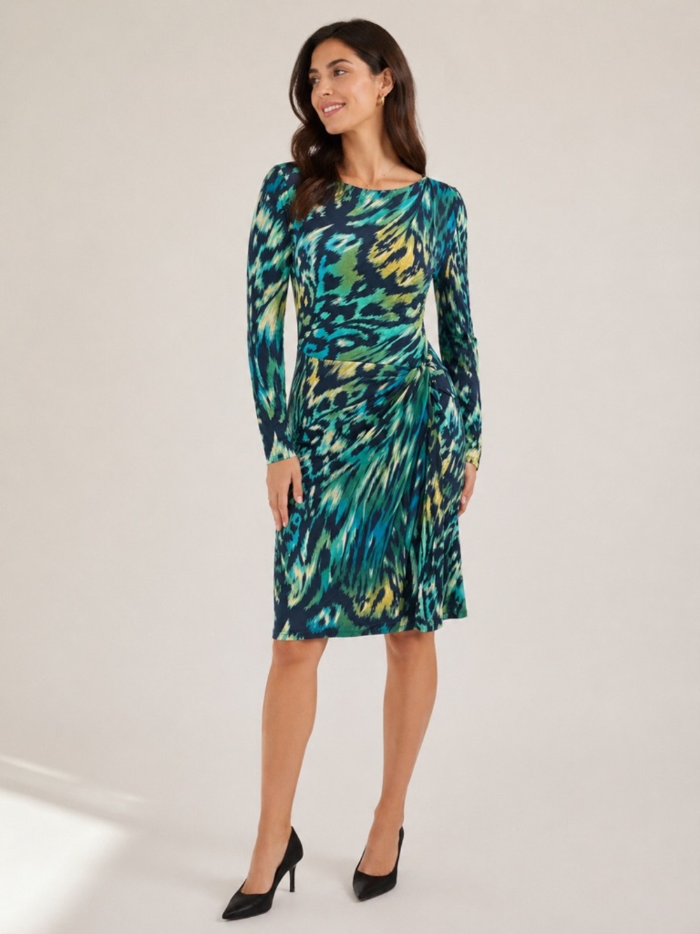 Lafayette 148 New York Faux Wrap Sheath Dress 2 Green Blue Animal Abstract Print